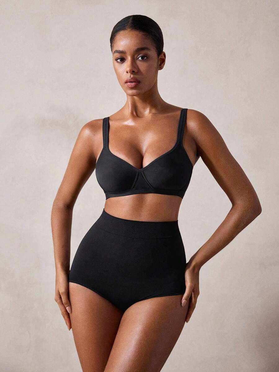 Veilyse 1pc Women's Comfortable Wireless Soft Cup Solid Color Brafor Summerfor Summer - Black - View 1