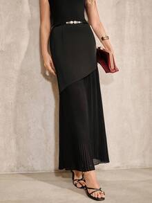 Anewsta Rok Wanita Model Lipit Chiffon Patchwork Asimetris Elegan Terbaru - Hitam - View 1