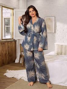 Serenescape Women's Long Sleeve Thin Plant Leaf Print Plus Size Pajama Set, Spring/Autumn - Multicolor - View 4