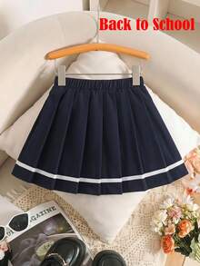 Young Girl Young Girl Fashionable Versatile Woven Solid Color Pleated Fitted Casual Skirt - Navy Blue - View 2