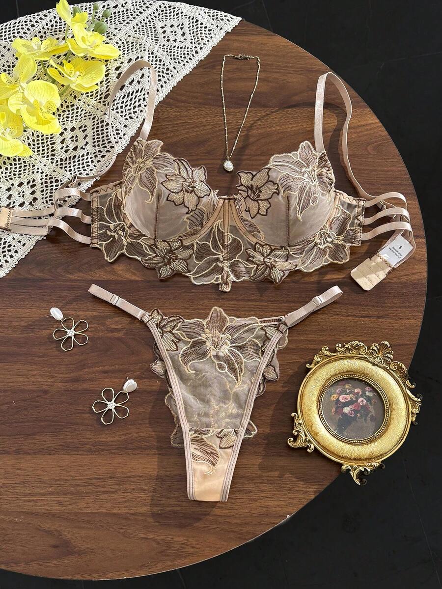 SHEIN 女款裸色性感內衣套裝 2件組 - 咖啡棕 - 查看 1