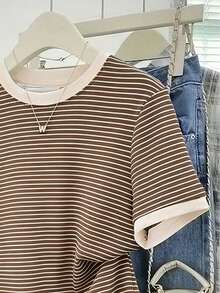Resyla Maglietta da donna a girocollo a maniche corte con stampa a righe colorblock, stile casual basic - Multicolore - Visualizzare 3