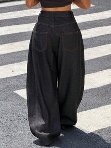 Muchica Black High Waist Wide‑Leg Jeans Women Y2K Button‑Up Decor Loose Contrast Stitching Cotton Denim Pants Fall Going‑Out Concert Outfits Cotton - Black - View 2