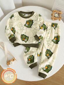 2pcs/Set Kids Young Boy Autumn/Winter Cute Casual Cartoon Dinosaur Pattern Fleece Top & Pants Loungewear Set, Fleece Set, Dinosaur Set, Loungewear Set, Boys Set - Multicolor - View 1