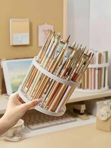 1Pc 360-Degree Rotating Pen Holder - Stylish White Plastic Storage Organizer, Suitable For Painting Brushes, Pens And Makeup Tools, Space-Saving Desktop Organizer With Glazed Finish, Cosmetic Brush Storage Rack - Makeup Brush Storage Rack - View 5