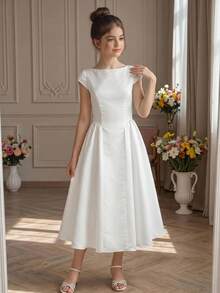 Girlism Tween Girls Dresses Spring Summer New White Woven Satin Casual Elegant Vintage Long Puff Skirt, Vintage Waist-Cinching Dress, Elegant Ruched Large A-Line White Dress, Suitable For Weddings, Dates, Outings, Cute, French White Waist-Cinching Dress - White - View 7