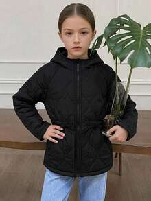Dazy Kids Tween Girl Solid Color Raglan Long Sleeve Zip-Up Hooded Winter Jacket - Black - View 1