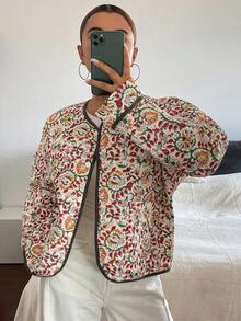 DAZY Women's Floral Contrast Color Long Sleeve Loose Round Neck Casual Vacation Autumn/Winter Padded Coat Jacket - Khaki - View 1