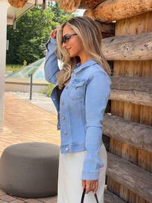 Jeta Ari Women's Long Sleeve Single-Breasted Fitted Casual Denim Jacket - Blue - View 4