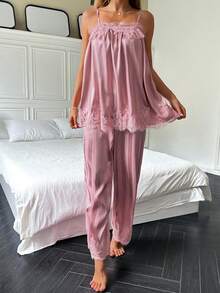 Livesso Set Pakaian Tidur Wanita Musim Panas 2pcs/Set Atasan Camisole Bergaris Patchwork Renda & Celana Panjang Piyama Lurus - Berwarna merah muda - View 5