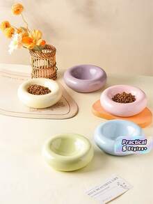 Donut Shape Ceramic Pet Bowl - Stylish Snack And Water Bowl. Large Capacity Anti-Tip Simple Cat Food Bowl-Easy To Clean-Suitable For Small To Medium Pets-Wide Brim Anti-Spill Design-Beautiful Pet Food Bowl - 100ml - View 1