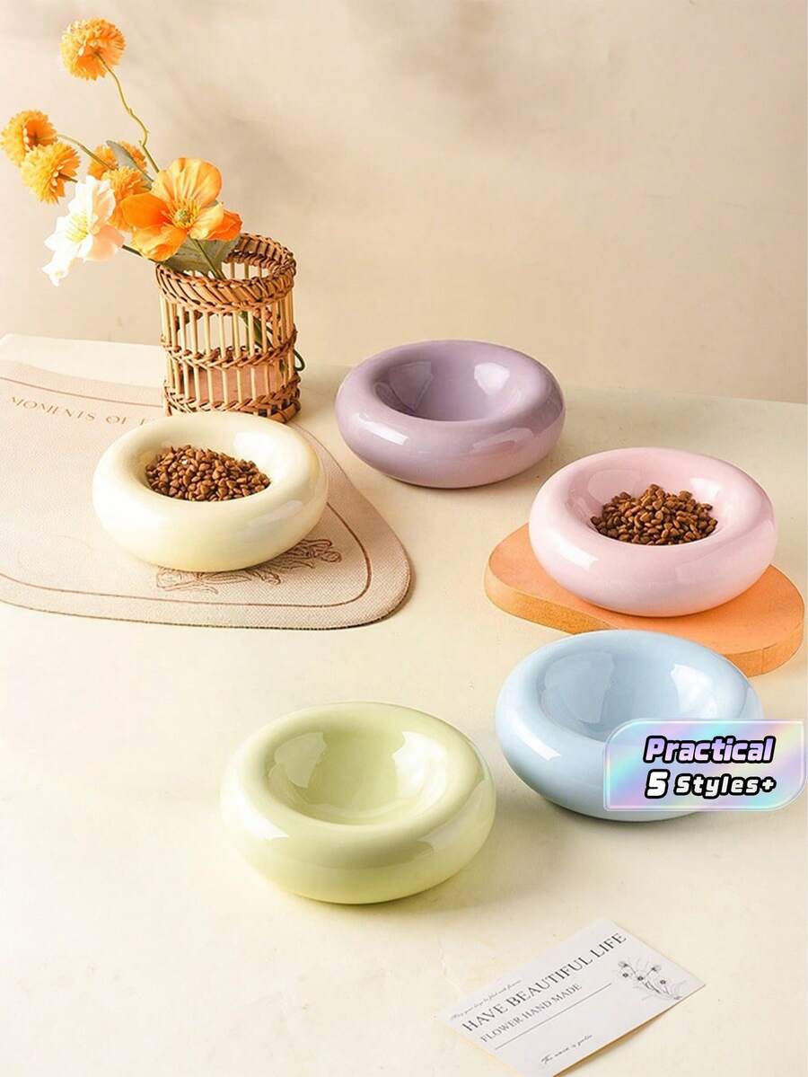 Donut Shape Ceramic Pet Bowl - Stylish Snack And Water Bowl. Large Capacity Anti-Tip Simple Cat Food Bowl-Easy To Clean-Suitable For Small To Medium Pets-Wide Brim Anti-Spill Design-Beautiful Pet Food Bowl - 100ml - View 1