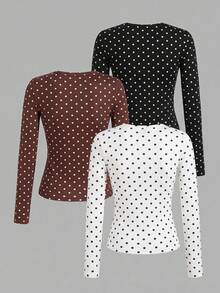 SHEIN EZwear 女款 3 件組波點圓領休閒修身長袖 T 恤套裝，秋季上衣，適合日常通勤、約會、派對，秋/冬/夏，聖誕節、新年、感恩節、外出、約會、約會、通勤、閃亮、情人節、優雅、度假、休閒、Y2K、外出、畢業典禮及其他場合 - 彩色 - 查看 2