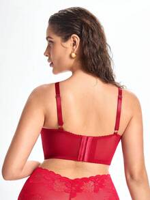 Slumbrini Sutiã com Aro Plus Size da Série Charismatic Leading Lady, Borgonha, Patchwork de Renda Bicolor com Design de Cordão, 1 Peça, Vermelho - Vinho - Visão 2
