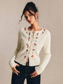 Poéselle Autumn Casual Ditsy Floral Embroidered Cardigan,An Elegant French-Style Cardigan- Versatile Choice For Dates And Outings,Autumn - White - View 7