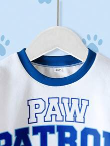 SHEIN | PAW Patrol 年轻男孩休闲时尚街头卡通狗和字母印花撞色落肩宽松羊毛卫衣，秋冬 - 白色 - 查看 3
