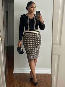 SHEIN Lady Plus Size Fashion Commuter Print Patchwork Dress - Multicolor - View 1