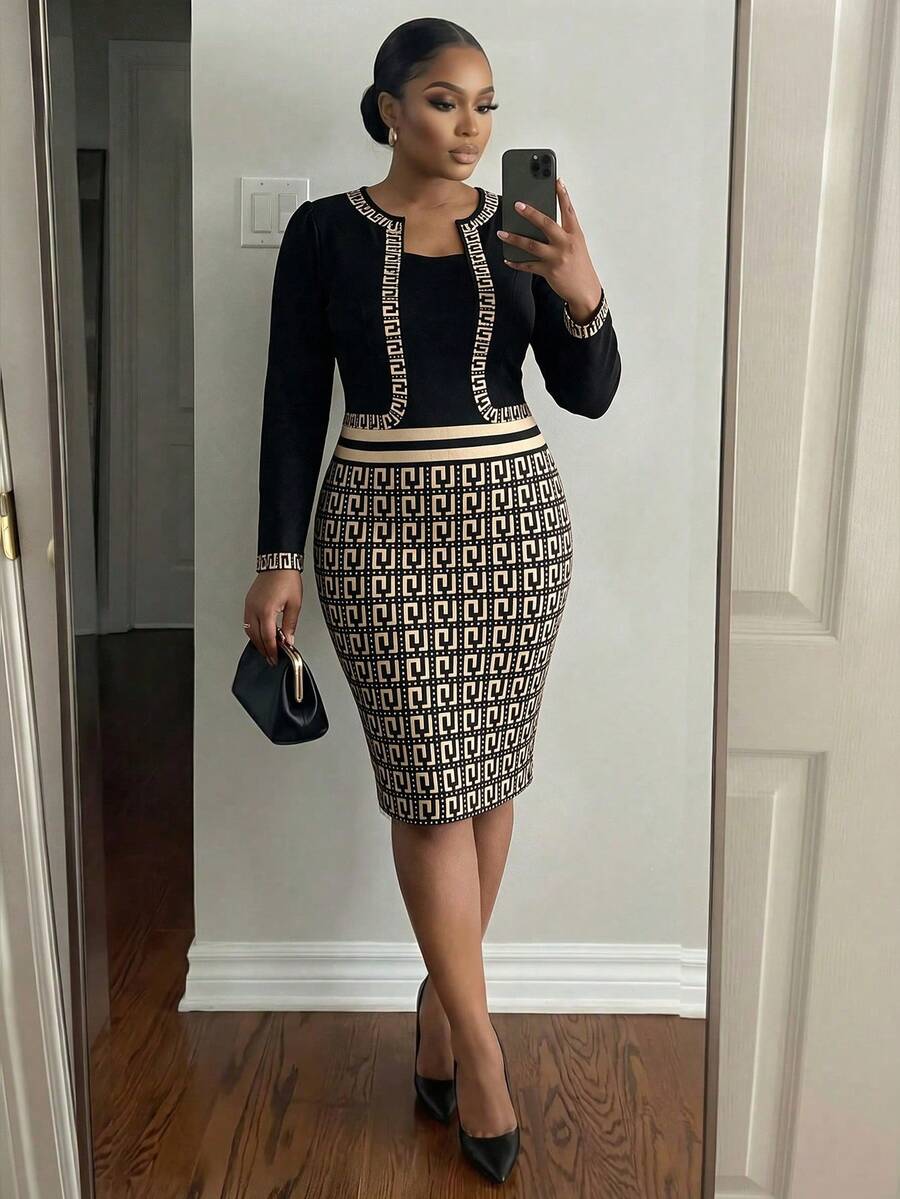 SHEIN Lady Plus Size Fashion Commuter Print Patchwork Dress - Multicolor - View 1