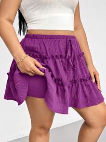 Shapeblank Plus Size Women's Solid Color Front Tie Frill Trim Skirt Fall - Purple - View 5