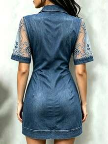 LUMIGAL Women's Patchwork Embroidered Mesh Single-Breasted Short Dress - Blue - View 2