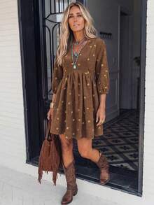 LanaWest Women's Western Casual V-Neck Corduroy Ribbed Embroidered Floral Ruched Babydoll Short Dress - Brown - View 4