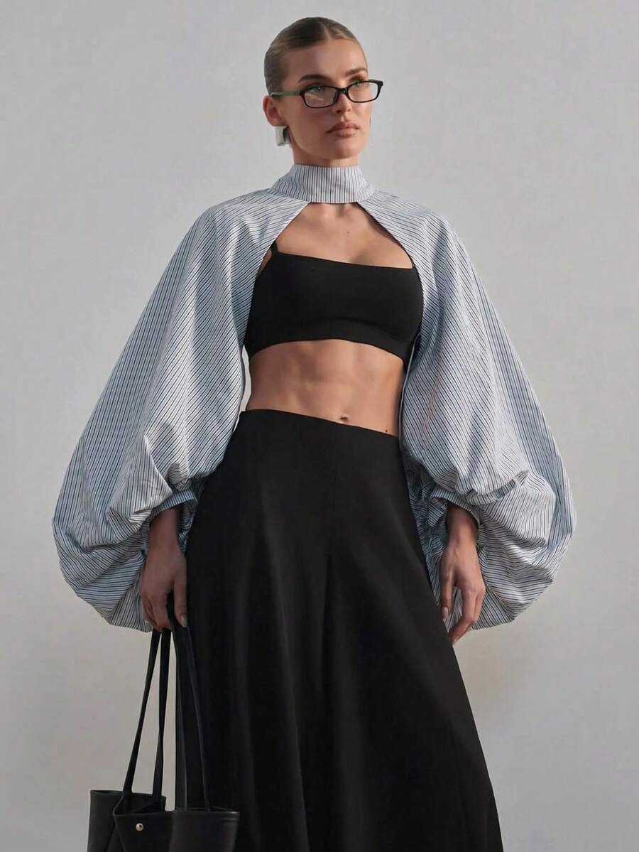 Hauture 女款蓬鬆泡泡袖高領上衣 藍白條紋 性感趣味休閒 適合辦公室與夜生活穿搭 秋季 - 彩色 - 查看 1