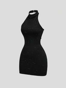Sweetra Sexy Backless Halter Neck Tie-Up Fitted Sequin Dress - Black - View 3