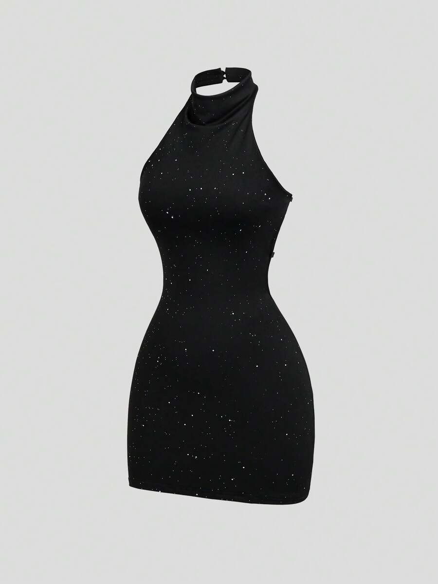 Sweetra Sexy Backless Halter Neck Tie-Up Fitted Sequin Dress - Black - View 1