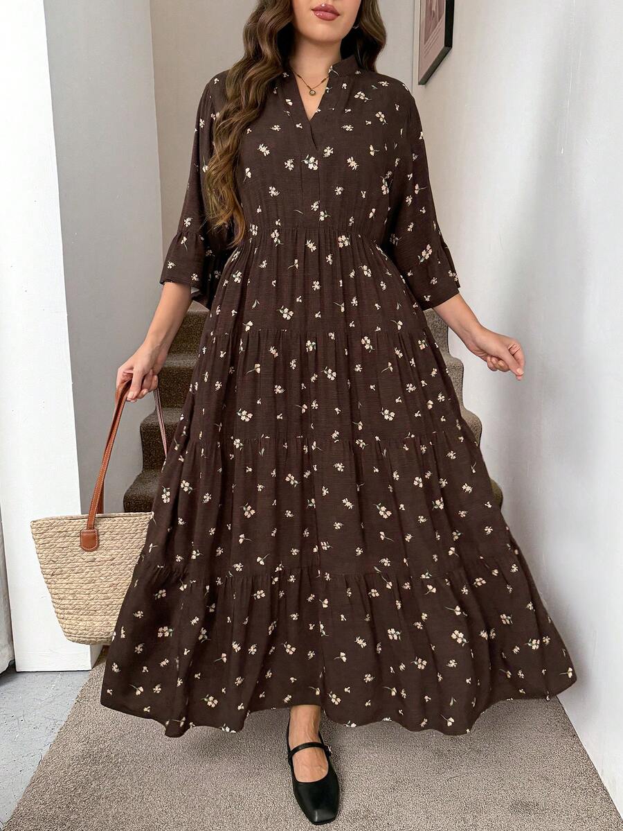 SHEIN LUNE Plus Size Women's Ditsy Floral V-Neck 3/4 Sleeve Ruffle Hem Dress Fall - Coffee Brown - View 1