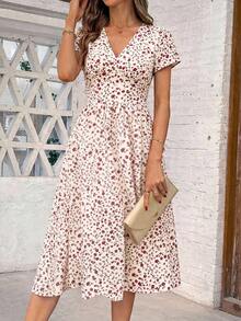 SHEIN Clasi 女士V领杏色碎花褶皱腰部口袋短袖优雅中长连衣裙，适合日常穿着和度假，春夏款 - 彩色 - 查看 6