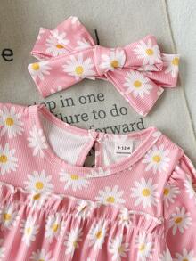 SHEIN Baby Girls Pink Daisy Print Long Sleeve Romper 3 Pieces Set, Round Neck Ruffle Design, Knitted Ribbed Elastic Fabric, Spring/Autumn Sweet Baby Outfit - Pink - View 4