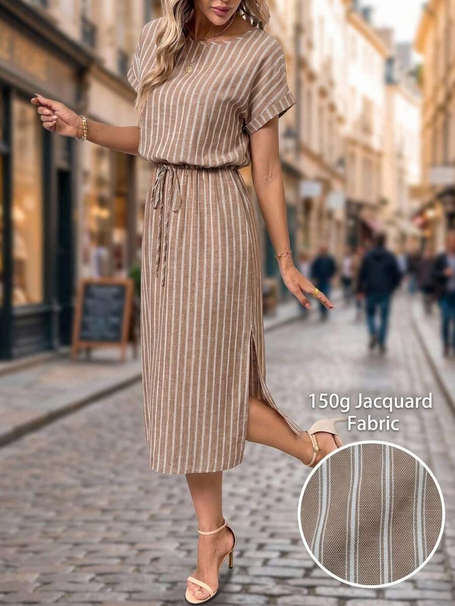 SHEIN Clasi 女款新款秋季蝙蝠袖洋裝,黑白波點,適合日常通勤,多場合百搭 - 棕色 - 查看 1
