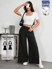 SHEIN PETITE 女款時尚棉混紡通勤長褲，側開衩延伸至大腿 - 黑色 - 查看 8