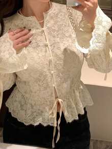 Dazy Plus Plus Size Solid Color Lace Fitted Drawstring Hem Ruffle Tie Elegant Vacation Spring/Autumn Blouse Shirt - Apricot - View 2