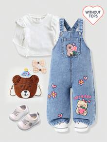 SHEIN 嬰兒與幼童女童牛仔吊帶長褲，四季皆宜休閒可愛俏皮風，中藍色牛仔布，卡通水豚花朵愛心印花，寬鬆直筒褲管，柔軟牛仔面料，適合搭配T恤與衛衣日常穿著，適用於日常外出、散步及春夏穿搭 - 淺色水洗藍 - 查看 1
