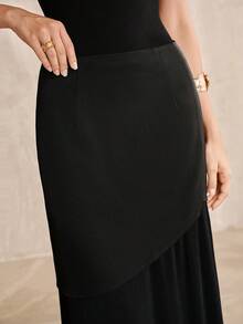 Anewsta Rok Wanita Model Lipit Chiffon Patchwork Asimetris Elegan Terbaru - Hitam - View 2