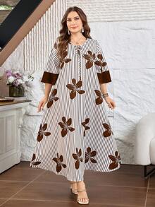 Lacomfia Women's Round Neck Tie-Front Striped Floral Print Loose Casual Comfortable Everyday Plus Size Dress Long Fall - Multicolor - View 7