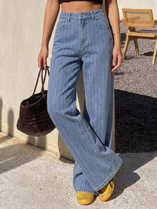 DAZY Women's Casual Straight Leg Jeans With Textured 3D Stripes, Loose Fit, Vintage Style, Fashion For Autumn And Spring, Suitable For Commuting - Blue - View 2