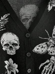 ROMWE Dark Gothic Style Plus Size Knit Cardigan, Skull & Moth Jacquard, Distressed Design, V-Neck Long Sleeve Halloween Sweater Jacket - Black - View 3