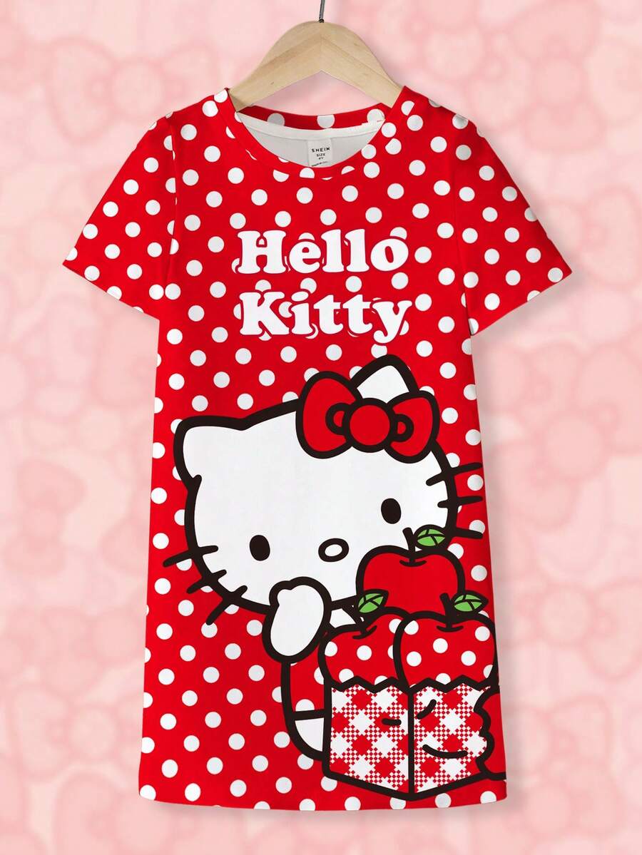 HELLO KITTY AND FRIENDS | SHEIN 年轻女孩夏季休闲日常通勤甜美可爱趣味卡通字母波点印花T恤裙 - 白色 - 查看 1
