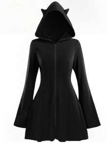 SHEIN LUNE CURVE Plus-Size Autumn And Winter Halloween Dark Series Three-Dimensional Ears Hooded Knitted Elastic Flared Long Sleeve Dress - Black - View 4