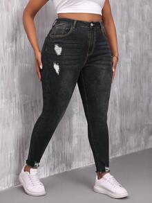 SHEIN Unity Plus Size Women's Ripped Fashionable Casual Goth Versatile Jeans Going Out Formal Dark Green Summer - Black - View 2