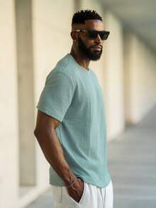 thenoahjr thenoahjr 宽松男士纯色华夫格圆领休闲T恤，情侣装 - 薄荷綠 - 查看 4