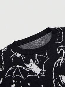 ROMWE Dark Gothic Black Cat Skull Star Moon Snake Jacquard Loose Fit Plus Size Pullover Sweater Halloween Women Fall Winter Sweater - Black - View 3