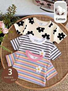 Baby Girls Simple Casual 3pcs Pieces Set Short Sleeve Top Suitable For Summer - Multicolor - View 4