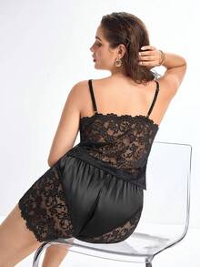 Slumbrini Conjunto de pijama de seda sintética para mujer talla grande, camisola de satén negro con cuello drapeado + shorts con ribete de encaje, espalda de encaje completo, conjunto sexy de 2 piezas para estar en casa - Negro - Ver 9
