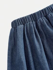 SHEIN Tween Girl Single-Breasted Top Kids And Elastic Waist Pleated Skirt Casual Daily Denim Set - Medium Wash - View 5