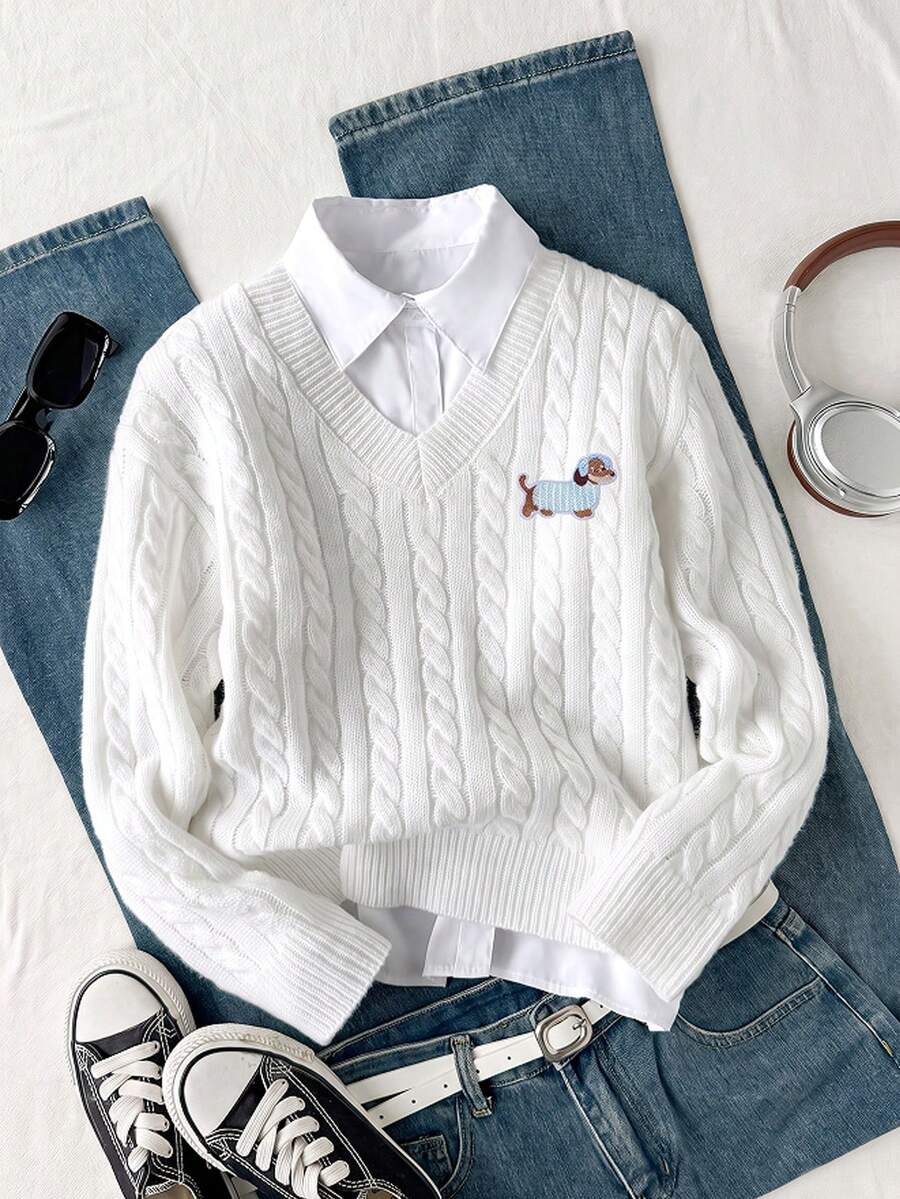 SHEIN 青少年女孩休閒學院風刺繡臘腸狗粗針編織V領毛衣,可愛長袖套頭衫,適合秋冬穿著,校園日常穿搭必備極簡休閒單品 - 白色 - 查看 1