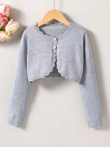 SHEIN Elladie kids 青少年女孩針織開襟衫，荷葉邊飾邊，簡約時尚百搭披肩式外套 - 灰色 - 查看 1