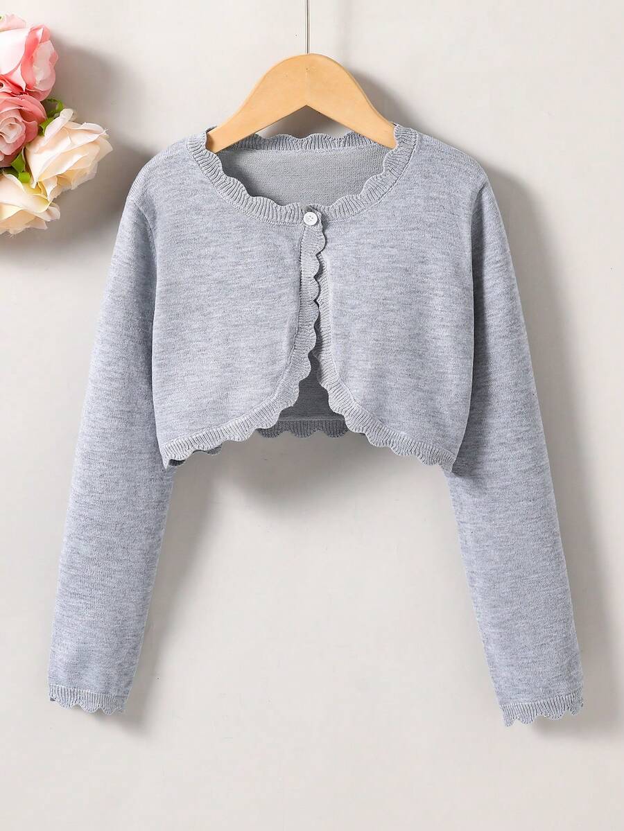 SHEIN Elladie kids 青少年女孩針織開襟衫,荷葉邊飾邊,簡約時尚百搭披肩式外套 - 灰色 - 查看 1